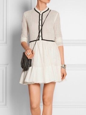 everleigh White Eyelet Long-Sleeve Dress with Black Trim